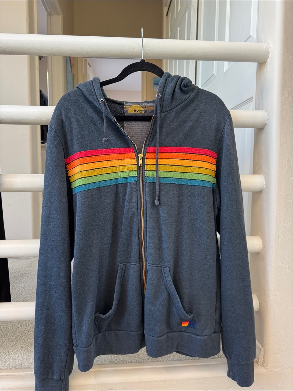 Aviator Nation Navy Zip Hoodie with Rainbow Chest Stripes